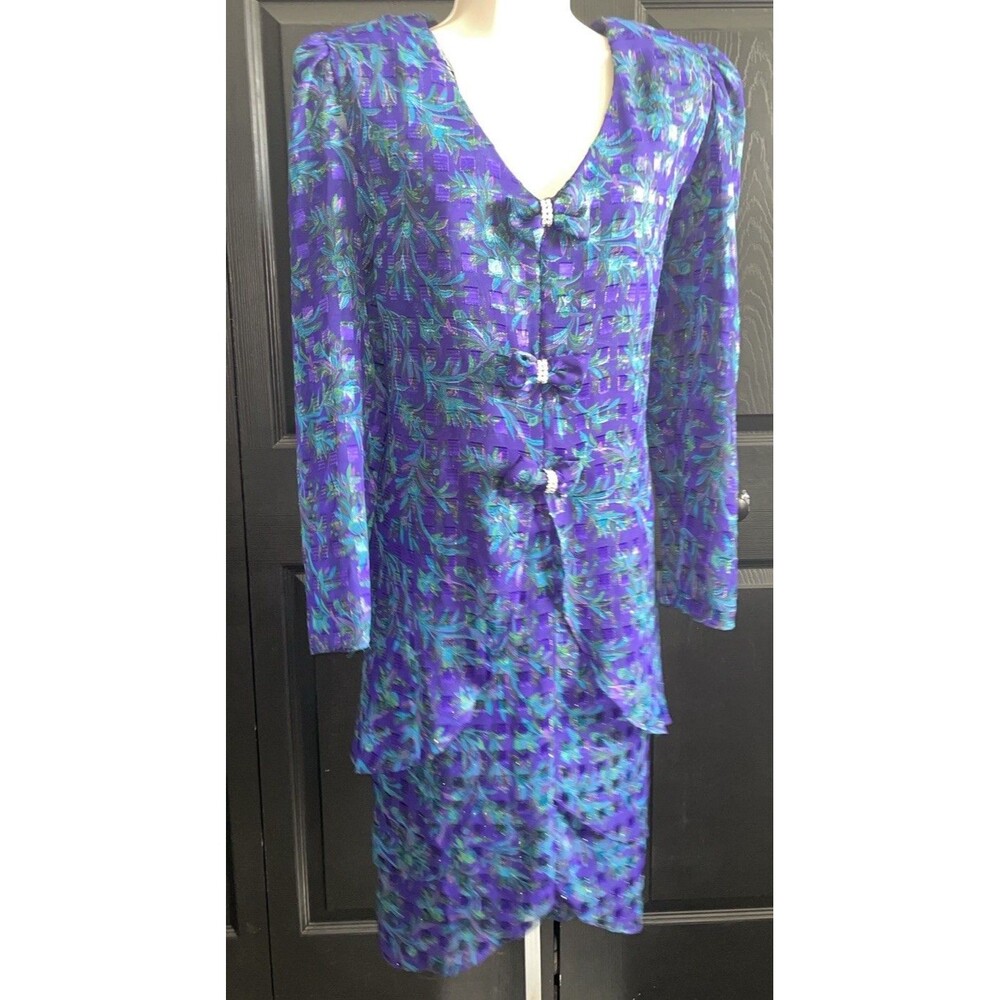 Patra Vintage Purple Floral Dress M Rhinestone Bows Burnout Chiffon 80s Midi